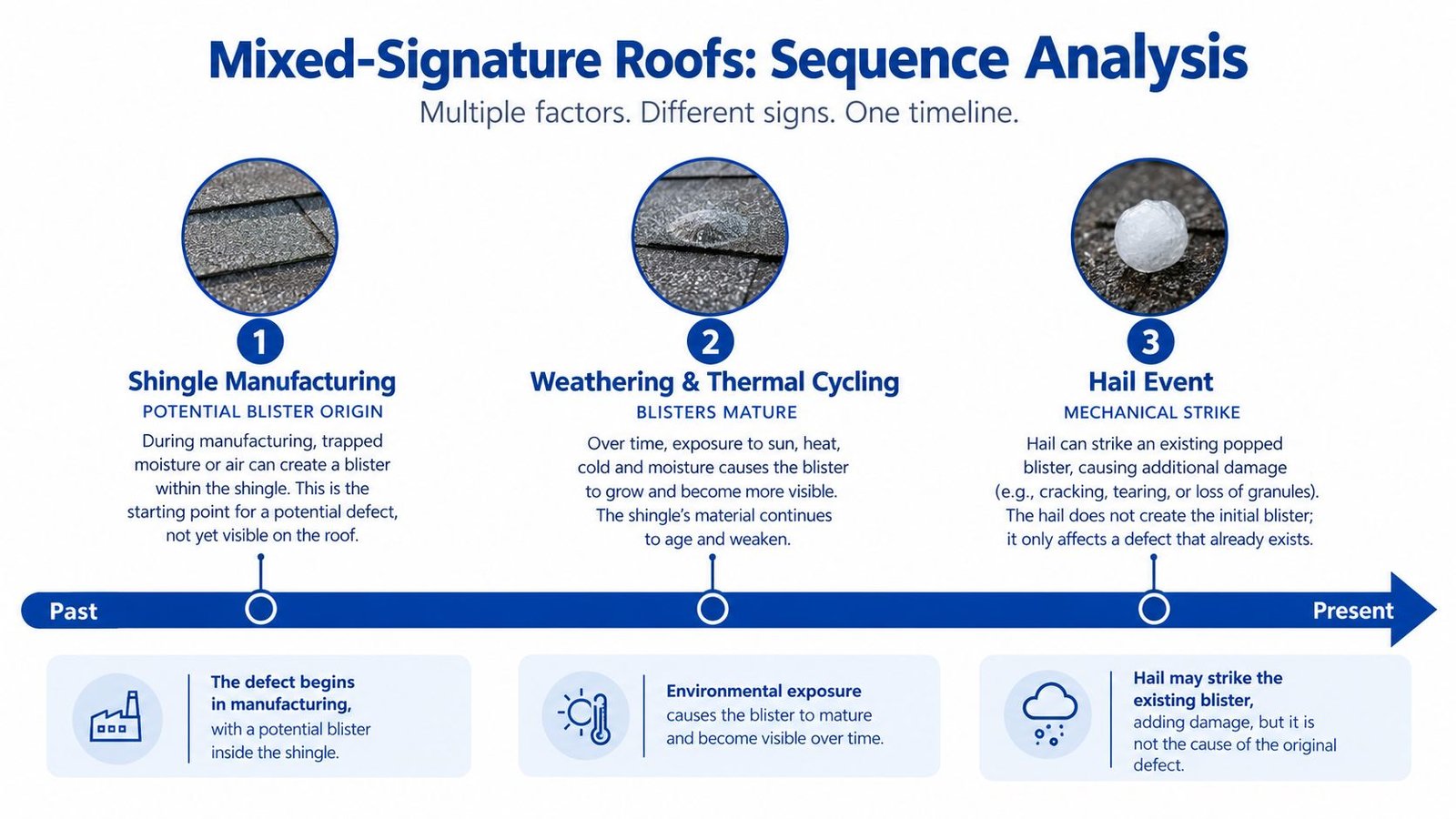 A timeline diagram showing the progression of roof damage from shingle manufacturing defects to weathering and hail.