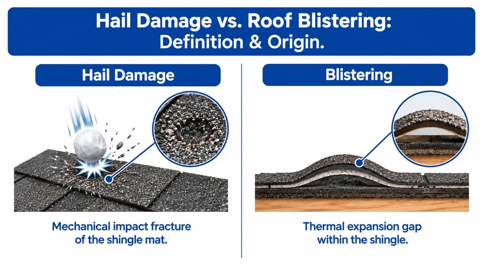 An educational diagram comparing the differences between roof hail damage and shingle blistering with visual examples.