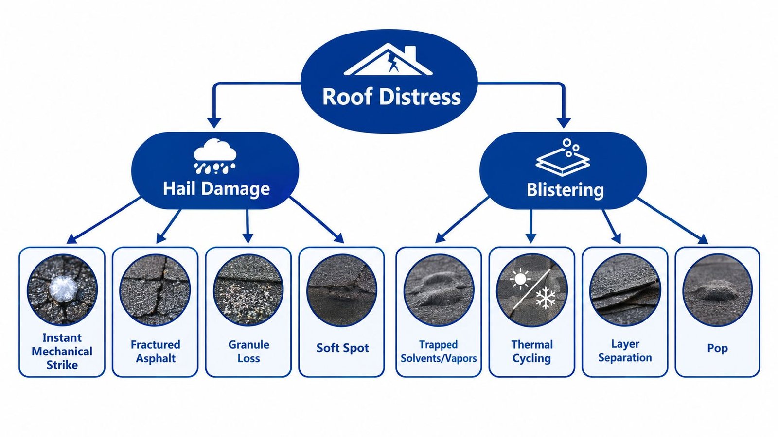 A flowchart categorizing roof distress types into hail damage and blistering, illustrating various symptoms and causes.