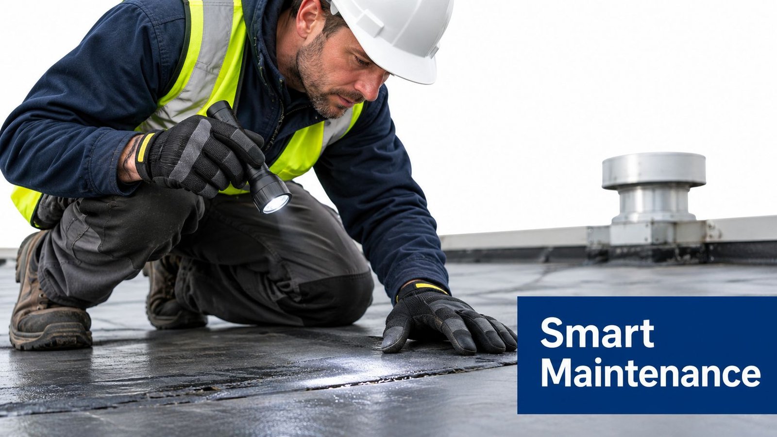 A professional construction worker inspecting a flat commercial roof surface with a flashlight for maintenance.