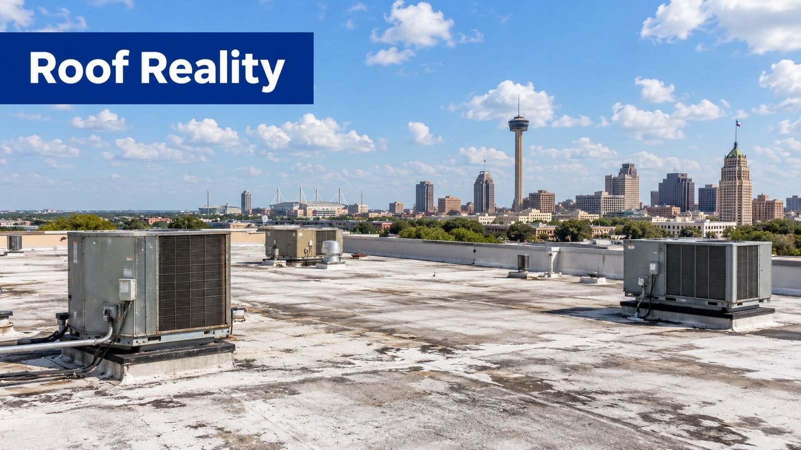 A wide view of a weathered commercial flat roof with HVAC units overlooking the San Antonio skyline.