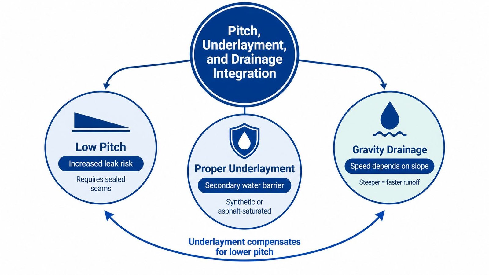 A diagram illustrating the integration of roof pitch, underlayment, and gravity drainage for proper water management.