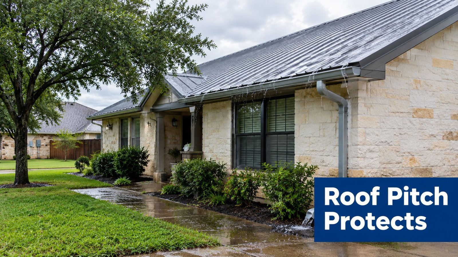 Rainwater runoff from a modern metal roof during a storm in front of a stone house