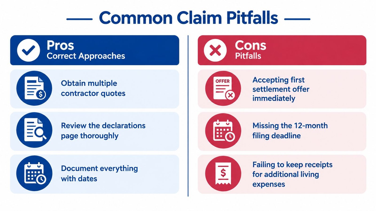 A comparison chart listing pros and cons for common insurance claim pitfalls including tips and mistakes.