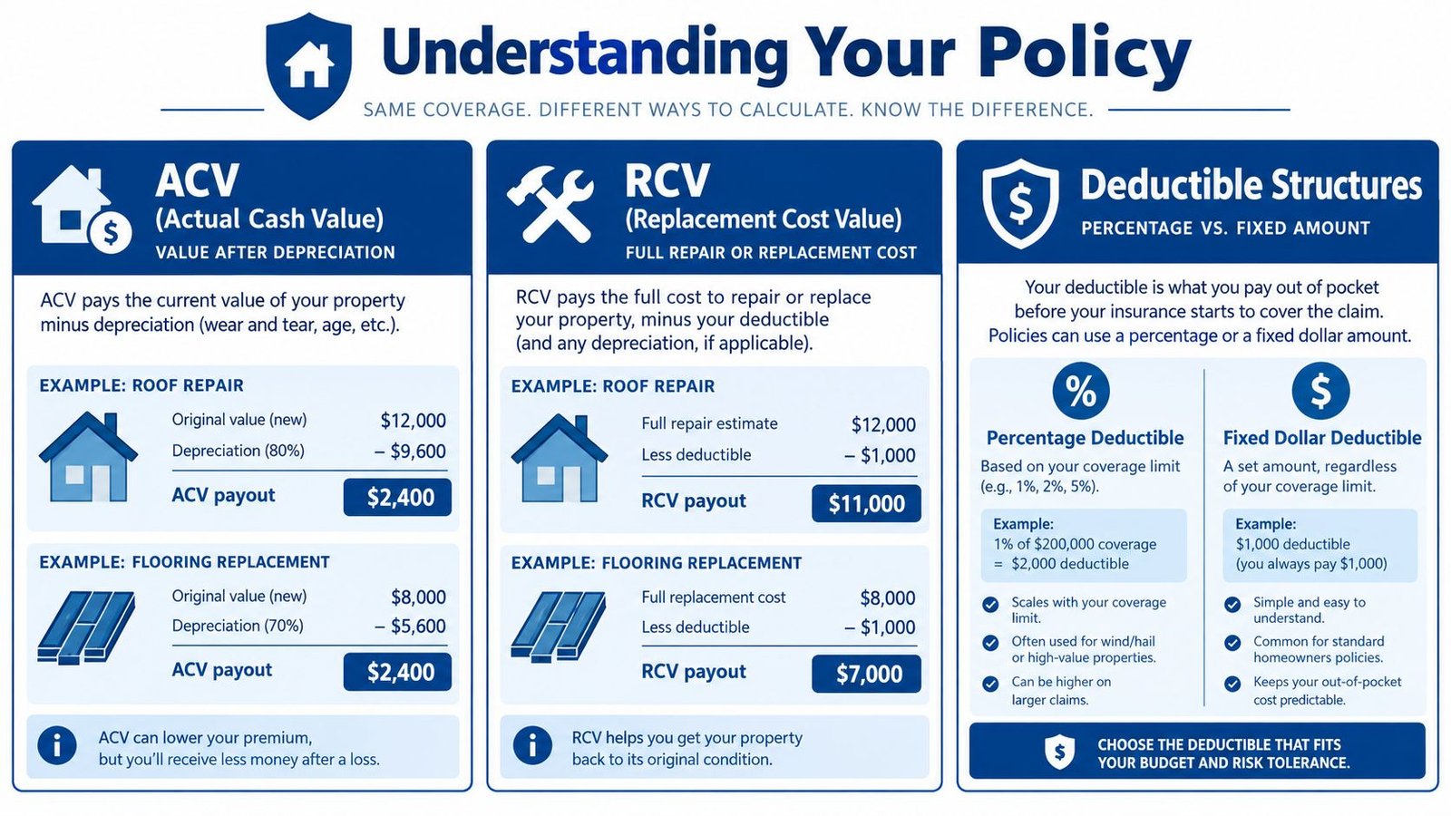 An educational infographic explaining the differences between Actual Cash Value and Replacement Cost Value insurance policies.