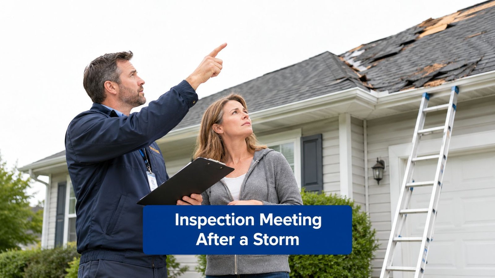 A professional contractor pointing out storm-damaged roof shingles to a homeowner during an inspection meeting outdoors.
