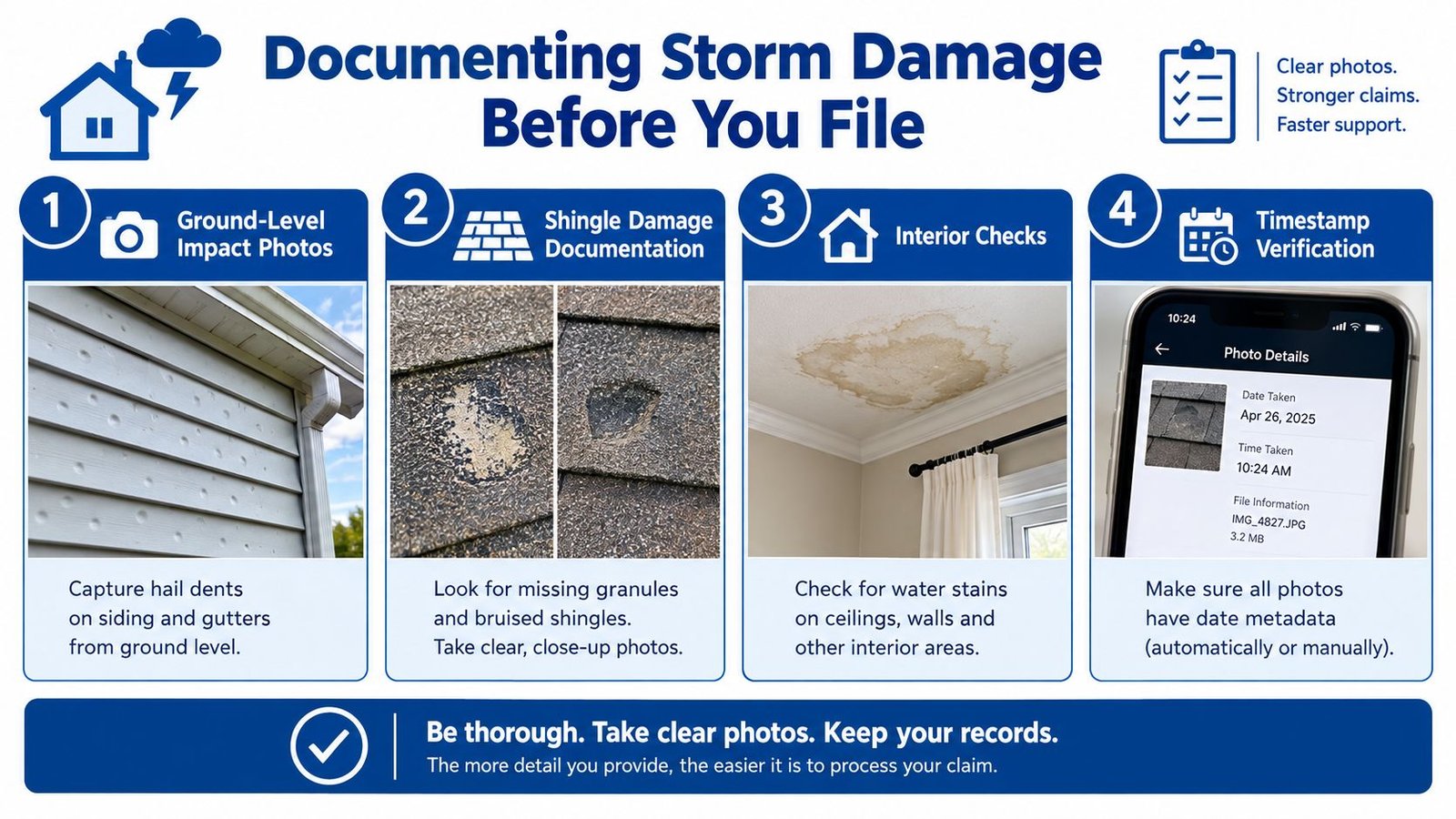 An infographic showing four steps for documenting storm damage to a home for insurance claims.