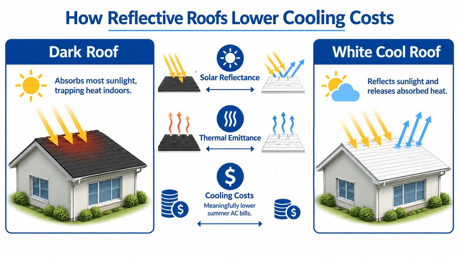 An infographic comparing a dark roof, which traps heat, to a white cool roof that lowers cooling costs.