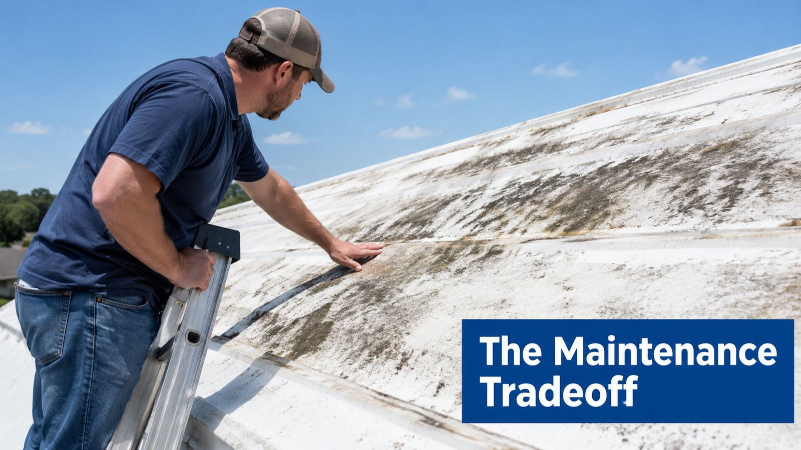A professional roofer wearing a cap inspects a dirty white metal roof on a sunny day.